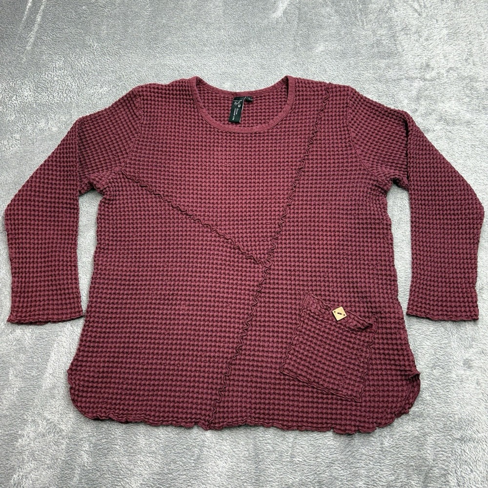 Focus Casual Life Thermal Knit Top Womens L Burgundy Waffle Pocket Shirt